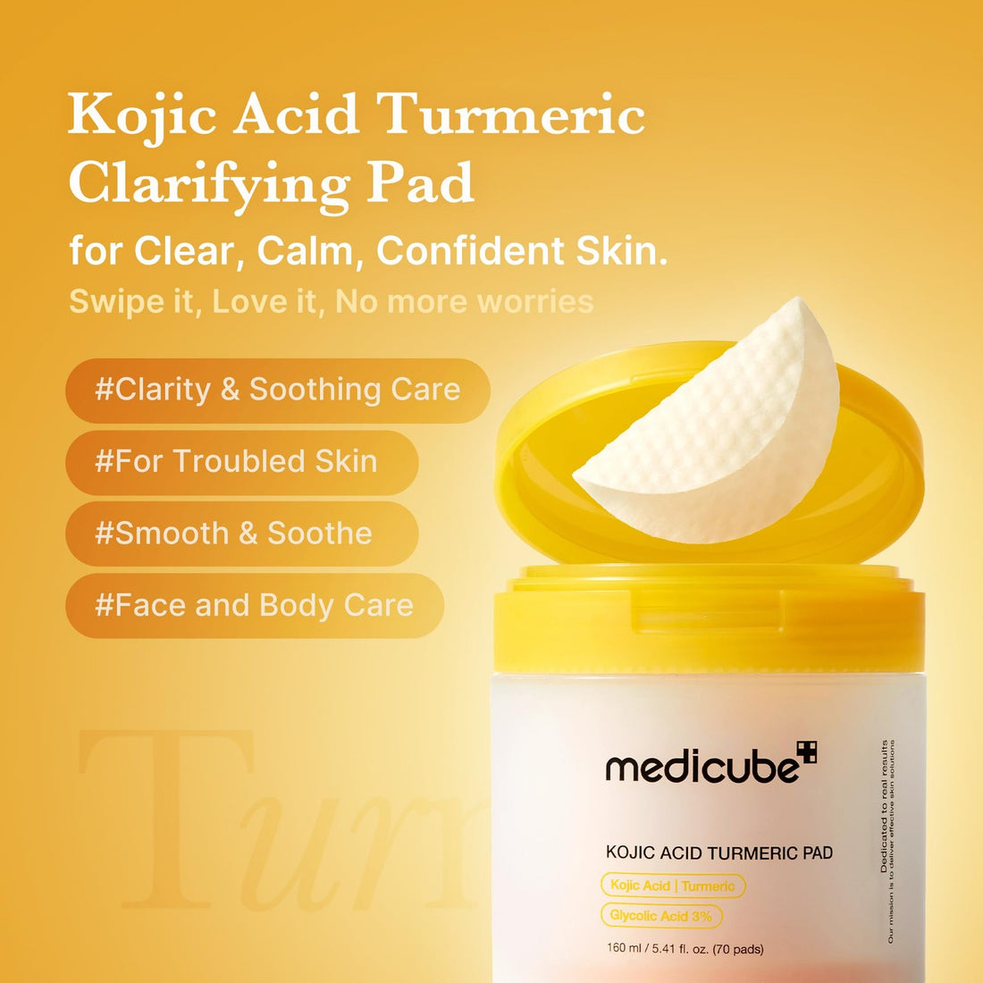 Medicube Kojic Acid Turmeric Clarifying Toner Pads for troubled skin, providing clarity and soothing care.