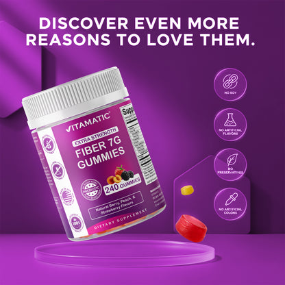 Prebiotic Fiber Gummies for Adults, 7G Extra Strength, Zero Sugar Added, 240 Pectin Based Gummies, Digestive Health &amp; Regularity Support