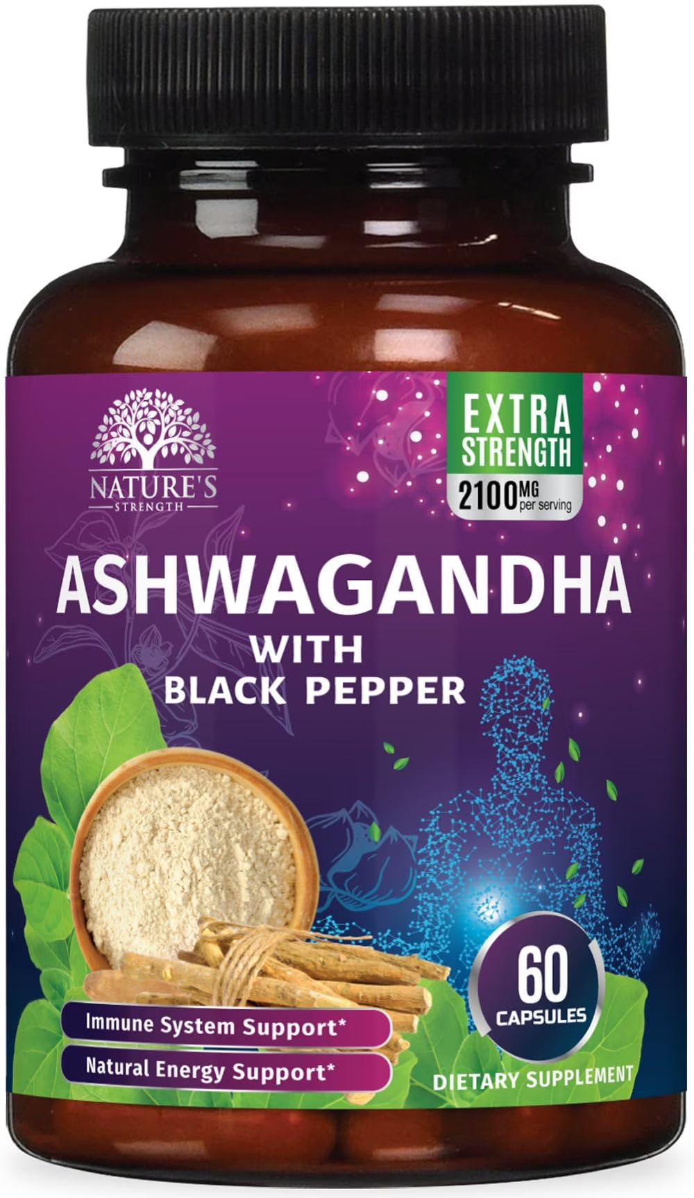 Ashwagandha Supplements - High-Absorption Ashwagandha Root Extract Powder with Black Pepper for Max Absorption - Herbal Supplement for Women &amp; Men, Vegan &amp; Gluten Free, Bottled in USA - 60 Capsules