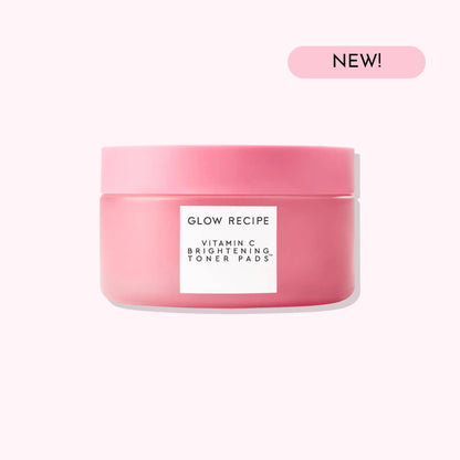 Glow Recipe Vitamin C Brightening Korean Toner Pads jar on pink background. Korean vitamin C toner pads for radiant skin.
