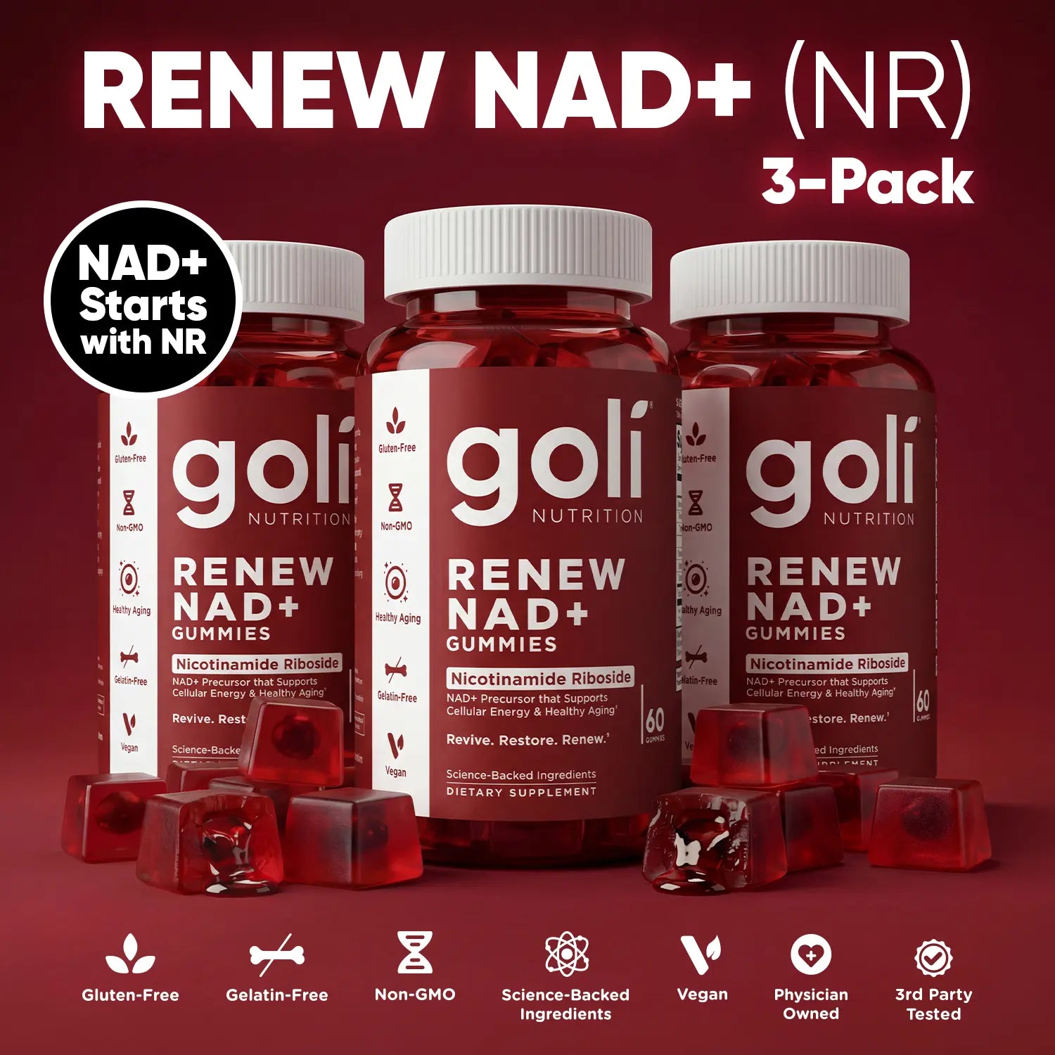 Goli Renew NAD+ (NR) Gummies. Clinically Studied NR Nicotinamide Riboside, Healthy Aging &amp; Cellular Energy. Gluten Free, Non-Gmo, Gelatin-Free, Vegan.
