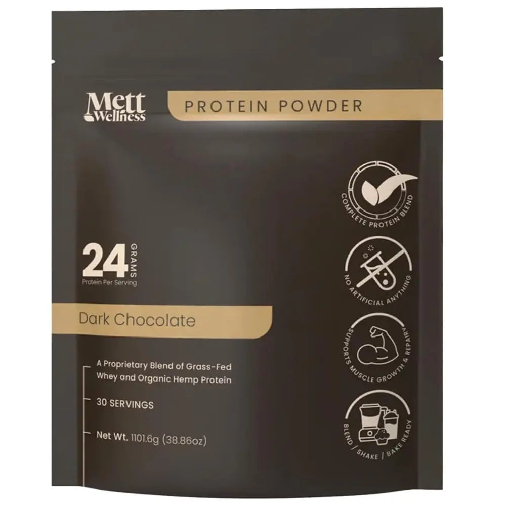 Mett Wellness Protein Powder | Dark Chocolate Grass-Fed Whey + Hemp Heart Protein | 24G Protein per Serving | 30 Servings