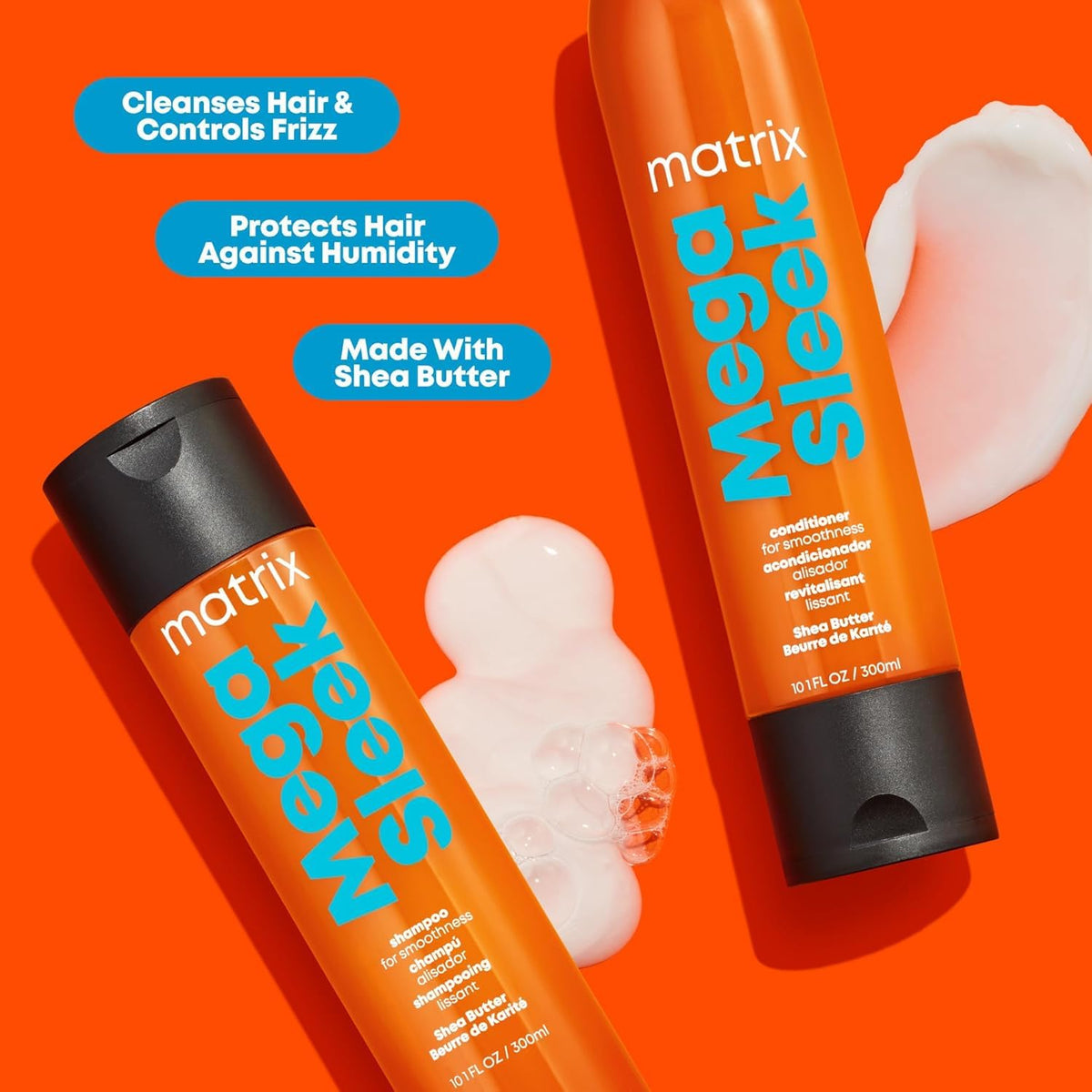 Matrix Mega Sleek Shampoo and Conditioner Set, smoothing shampoo and conditioner set with shea butter for frizz control.