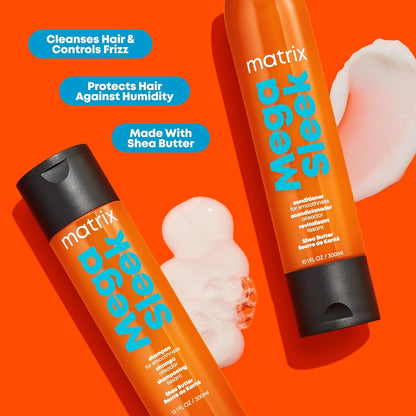 Matrix Mega Sleek Shampoo and Conditioner Set, smoothing shampoo and conditioner set with shea butter for frizz control.