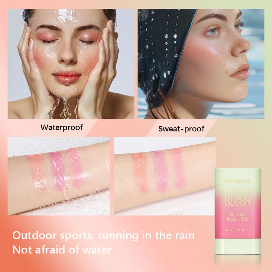 Temperature Change Tint Blush Stick in waterproof and sweat-proof applications for outdoor sports and rainy conditions.
