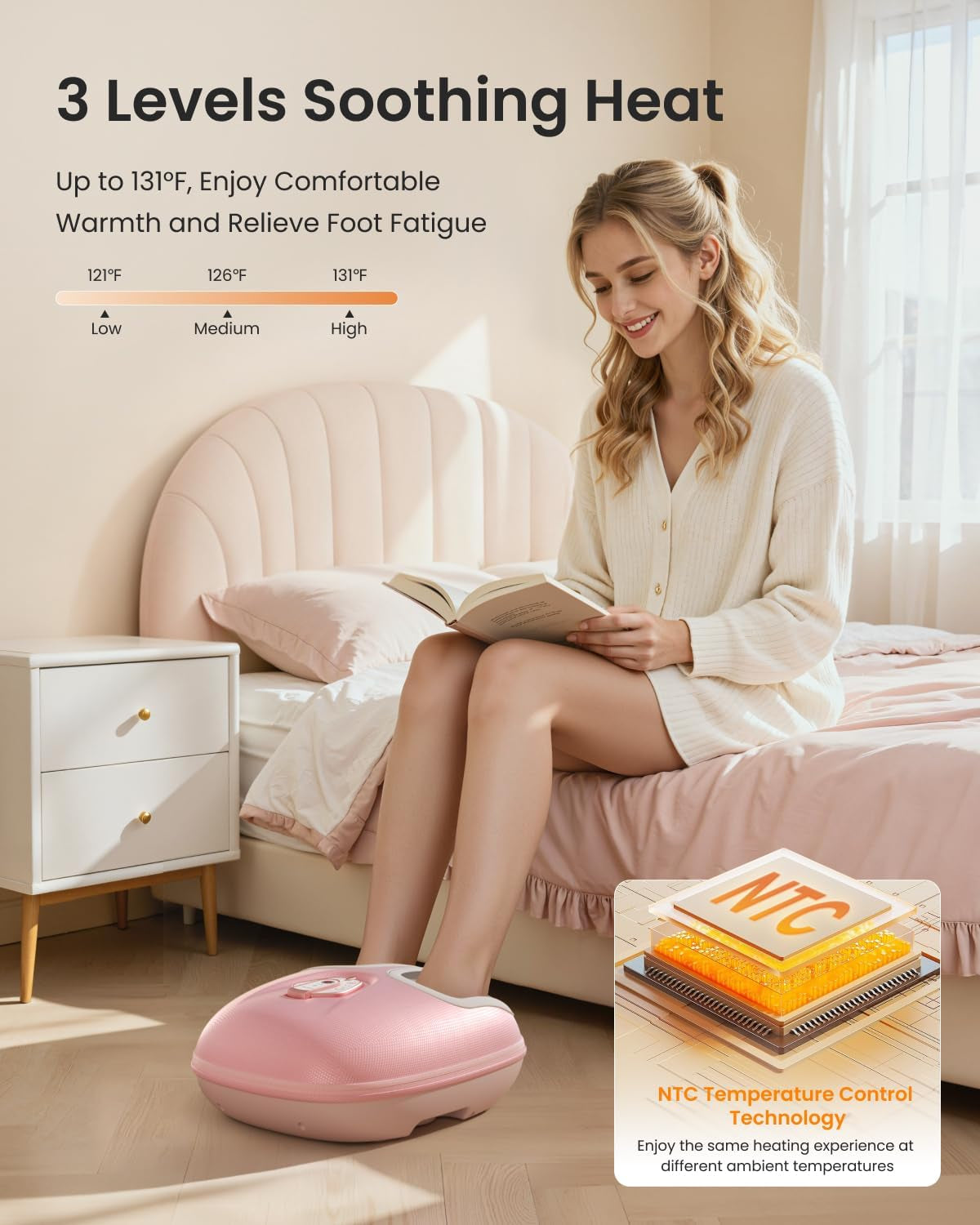 RENPHO Foot Massager Machine with Heat showcasing 3 heat levels for soothing comfort and foot fatigue relief in a cozy setting.