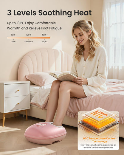 RENPHO Foot Massager Machine with Heat showcasing 3 heat levels for soothing comfort and foot fatigue relief in a cozy setting.