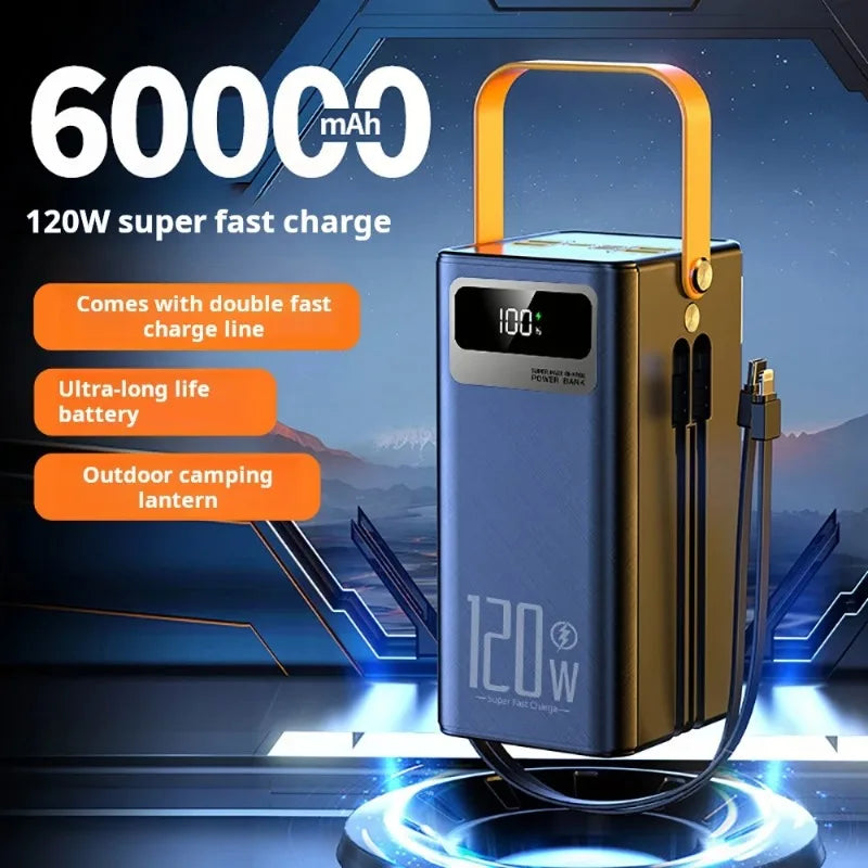 60000Mah 30000Mah Portable Power Bank LED Charger 120W Fast Charging Power Station Emergency Power Bank for Home Camping Phone