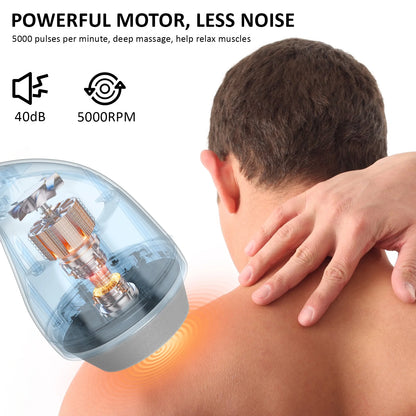 Cordless neck back massager showing powerful motor and deep tissue relaxation on shoulder.