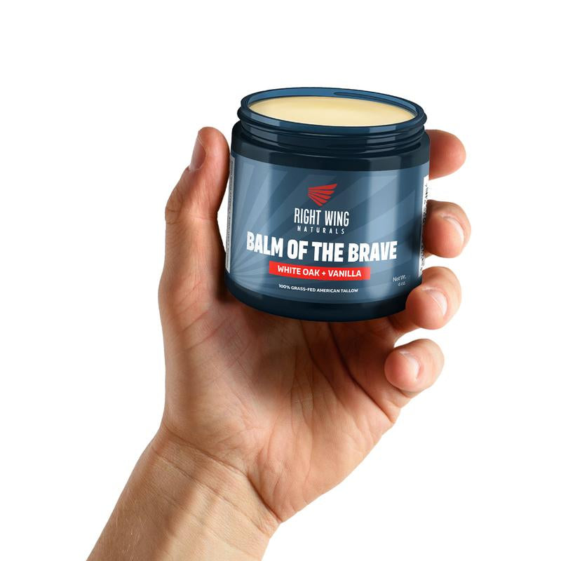 Right Wing Naturals Balm of the Brave – Grass-Fed Beef Tallow Men’S Balm (4 Oz) – Rugged Moisture for Hands, Face, Beard &amp; Scars – American-Made – Scents: White Oak &amp; Vanilla or Tobaco Woods – No Chemicals, No Compromise