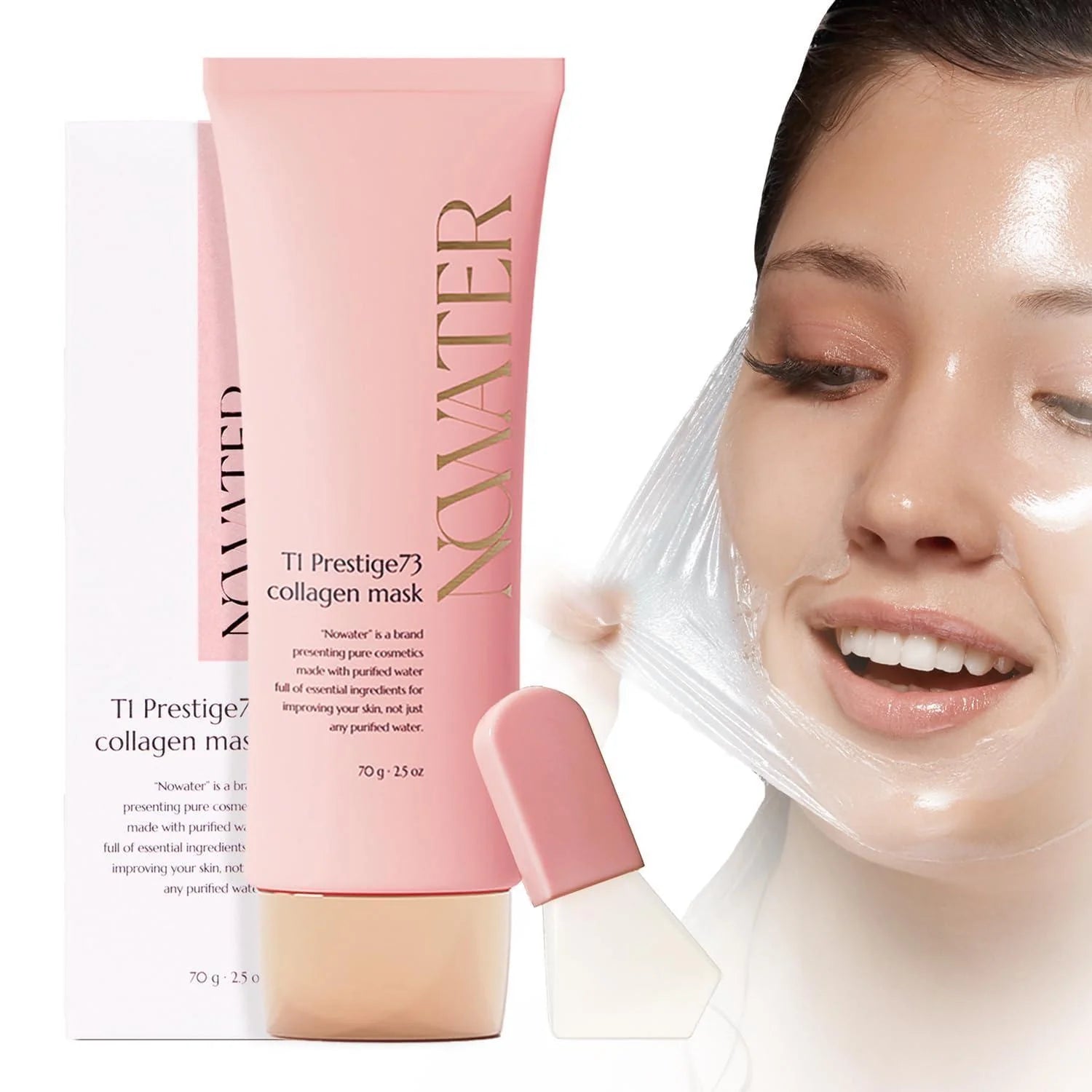 Collagen elastin hydrating mask with model applying the mask for improved elasticity and hydration.