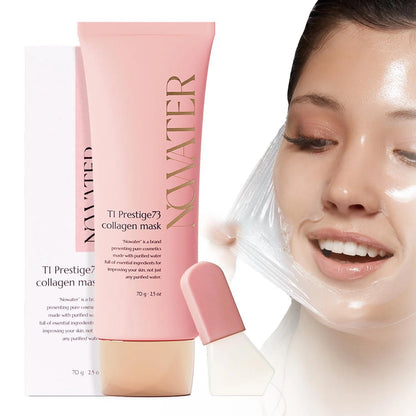 Collagen elastin hydrating mask with model applying the mask for improved elasticity and hydration.