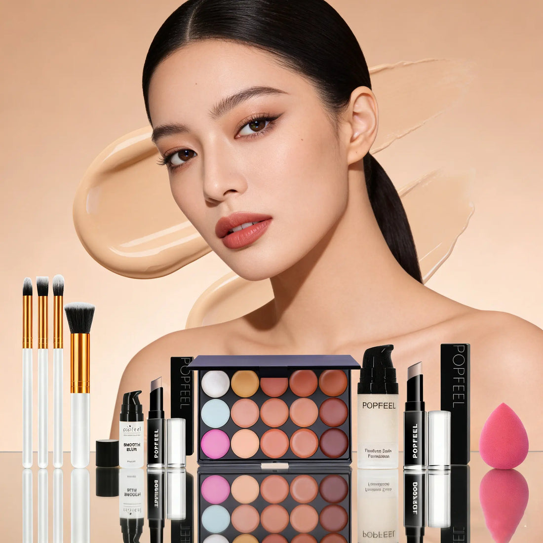 Popfeel Face Makeup Set 10-Piece Kit, Concealer &amp; Primer Cream, Complete Cosmetic Collection for Teen Girls, Includes Brushes, Daily Makeup Kit