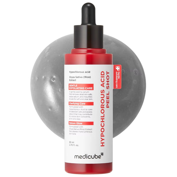 Medicube Peel Shot with hyperchlorous acid, exfoliating serum for dead skin cells, designed for blackheads and pores.