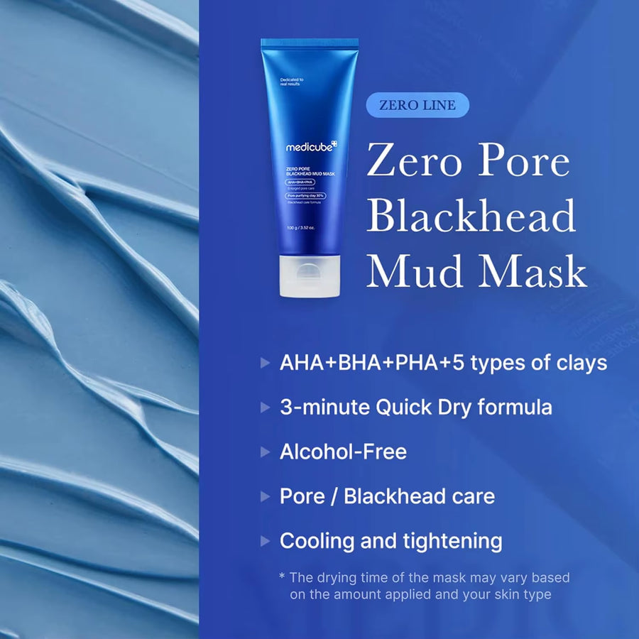 Medicube Zero Pore Blackhead Mud Mask featuring AHA, BHA, and PHA for flawless skin home care duo.