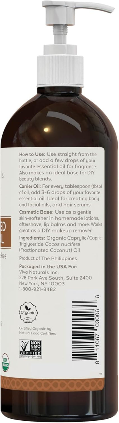 Viva Naturals Organic Fractionated Coconut Oil, 16 Fl Oz – Skin &amp; Hair Moisturizer, Massage Oil, Carrier Oil for Essential Oils