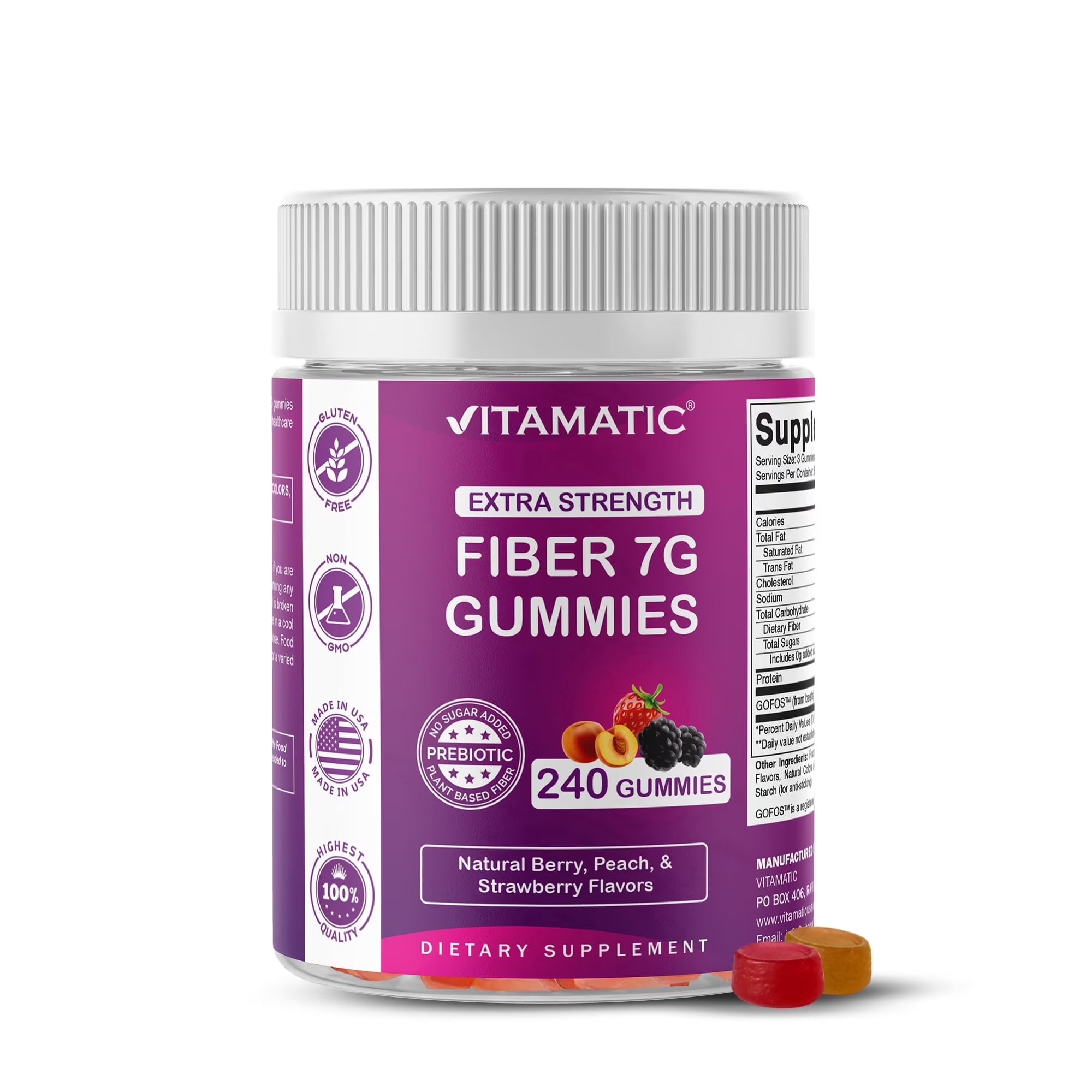 Prebiotic Fiber Gummies for Adults, 7G Extra Strength, Zero Sugar Added, 240 Pectin Based Gummies, Digestive Health &amp; Regularity Support