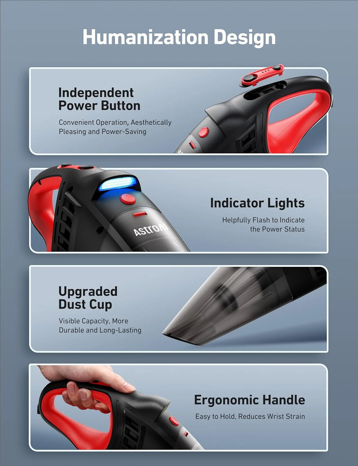 Car Vacuum Cleaner Portable features ergonomic handle, independent power button, indicator lights, and upgraded dust cup.