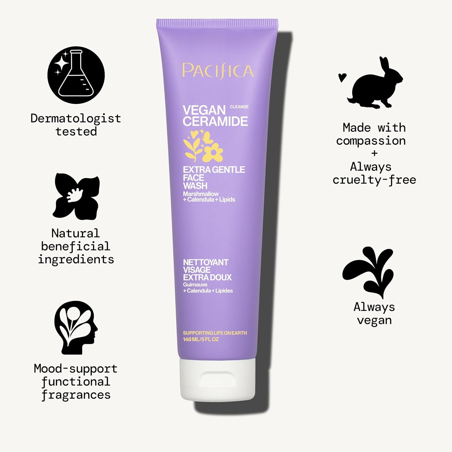 Face Wash for Sensitive Skin Facial Cleanser Vegan Ceramide Barrier Repair Extra Gentle for Daily Fragrance Free for Sensitive Skin, Clean Beauty, Vegan &amp; Cruelty-Free Dermatologist Tested