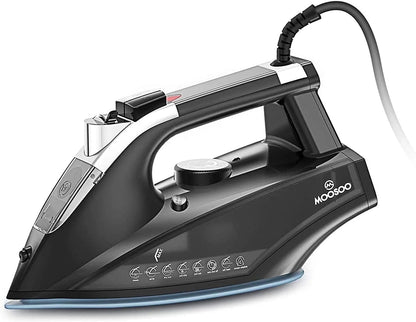 MOOSOO 1800W steam iron with anti-drip system and ceramic soleplate for precise control.