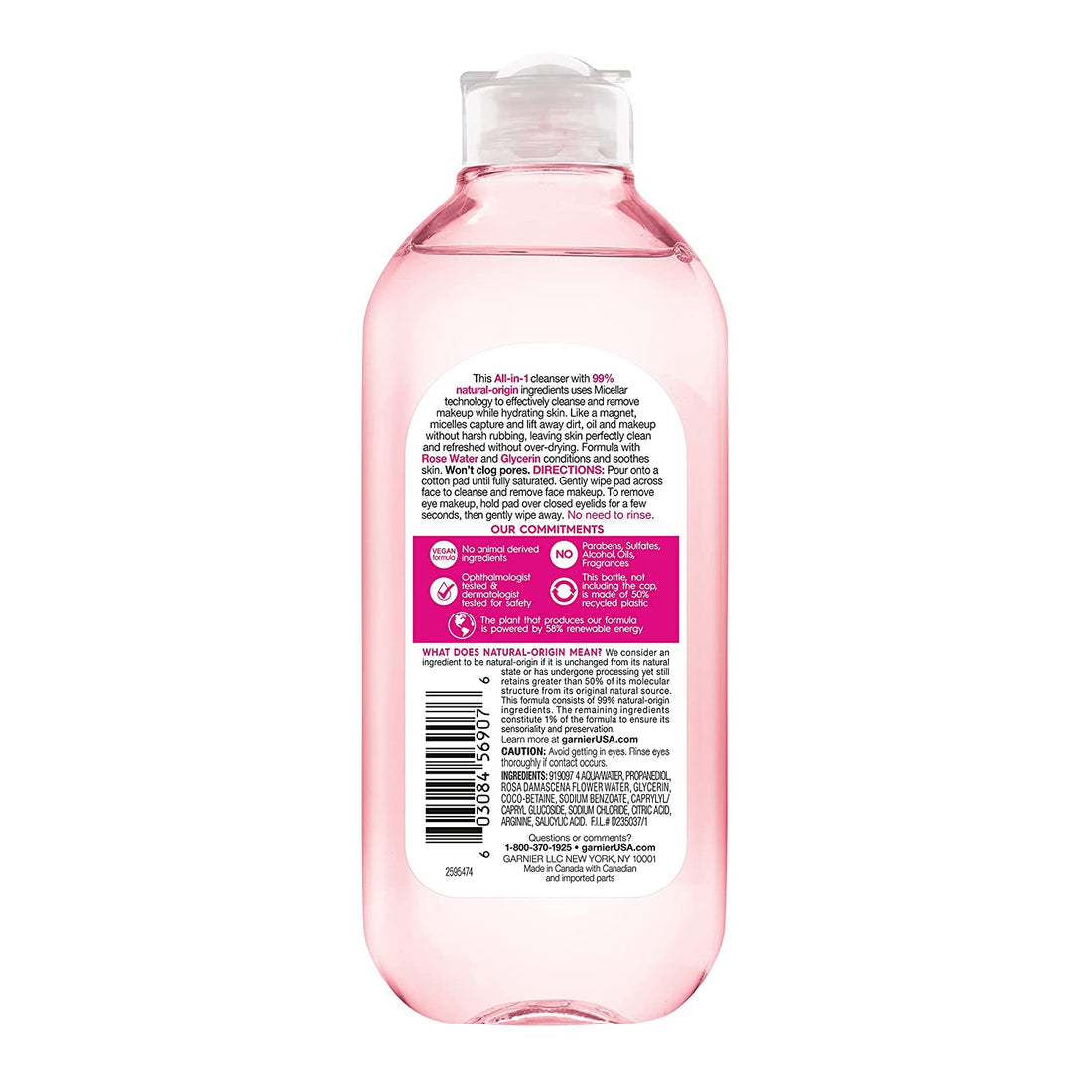 Micellar Water with Rose Water and Glycerin, Hydrating Facial Cleanser &amp; Makeup Remover, for All Skin Types, Vegan, Cruelty Free, 13.5 Fl Oz (400Ml), 1 Count