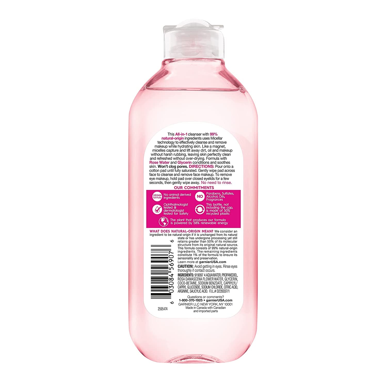Micellar Water with Rose Water and Glycerin, Hydrating Facial Cleanser &amp; Makeup Remover, for All Skin Types, Vegan, Cruelty Free, 13.5 Fl Oz (400Ml), 1 Count
