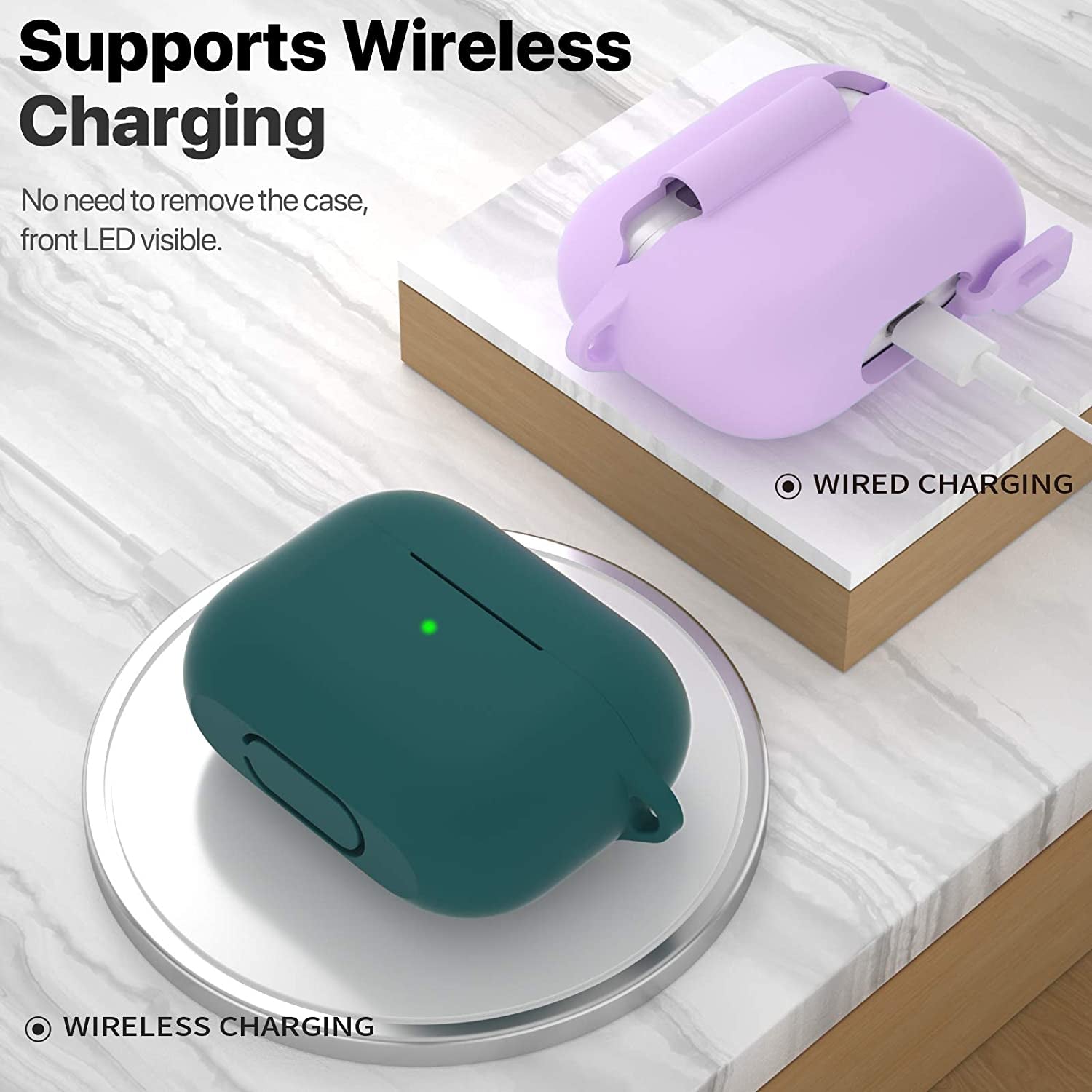 ATUAT for Airpods Pro 1St/2Nd Generation Case Cover, Protective Silicone Skin Accessories with Keychain for Women Men for Apple Airpods Pro 2019/2022 Charging Case,Front LED Visible-Midnight Green