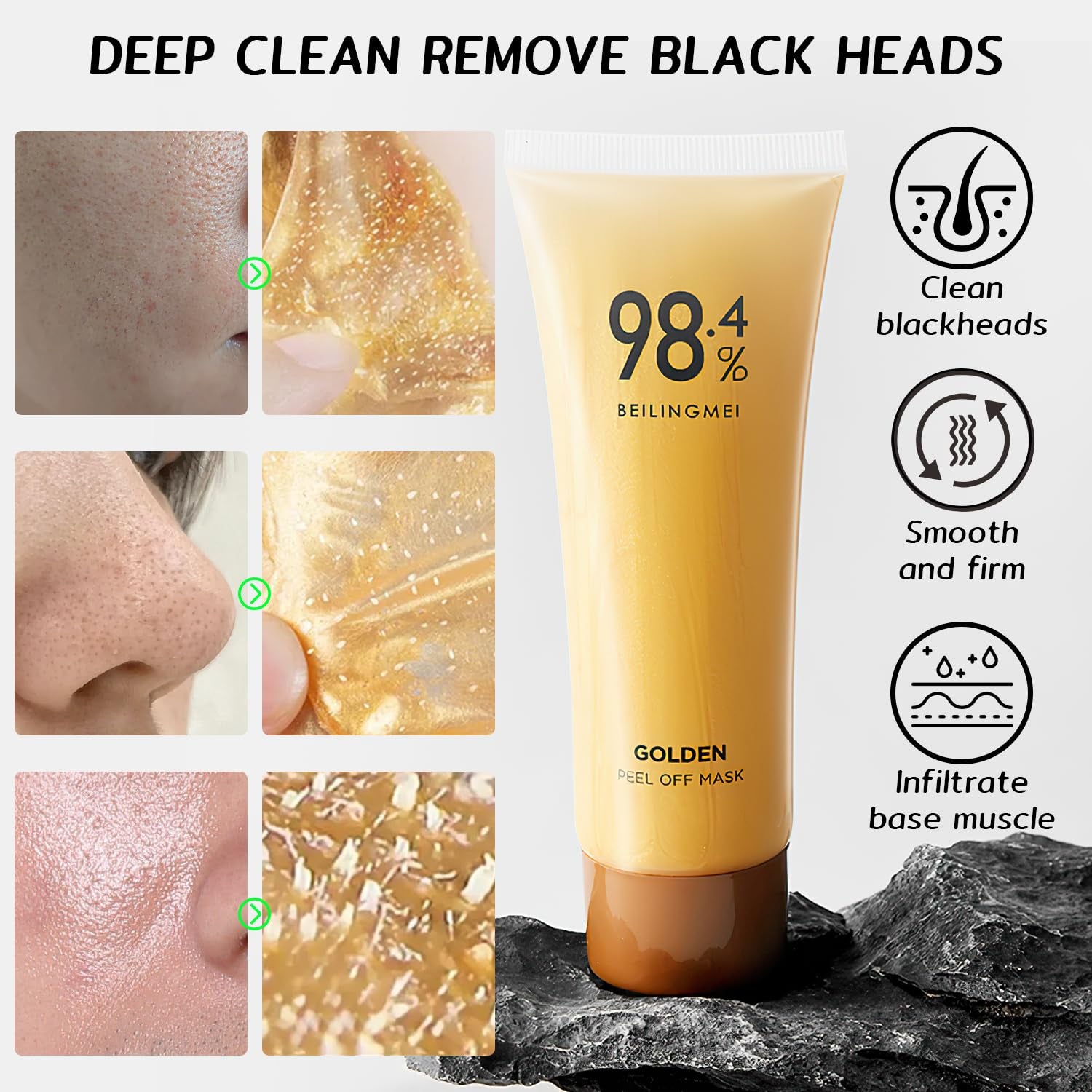 Rednow Gold Foil Peel-Off Mask,Gold Peel off Face Mask Anti-Wrinkle,98.4% Golden Peel off Mask,Anti-Aging Gold Face Mask for Moisturizing,Removes Blackheads,Reduces Fine Lines,Cleans Pores(2Pcs)