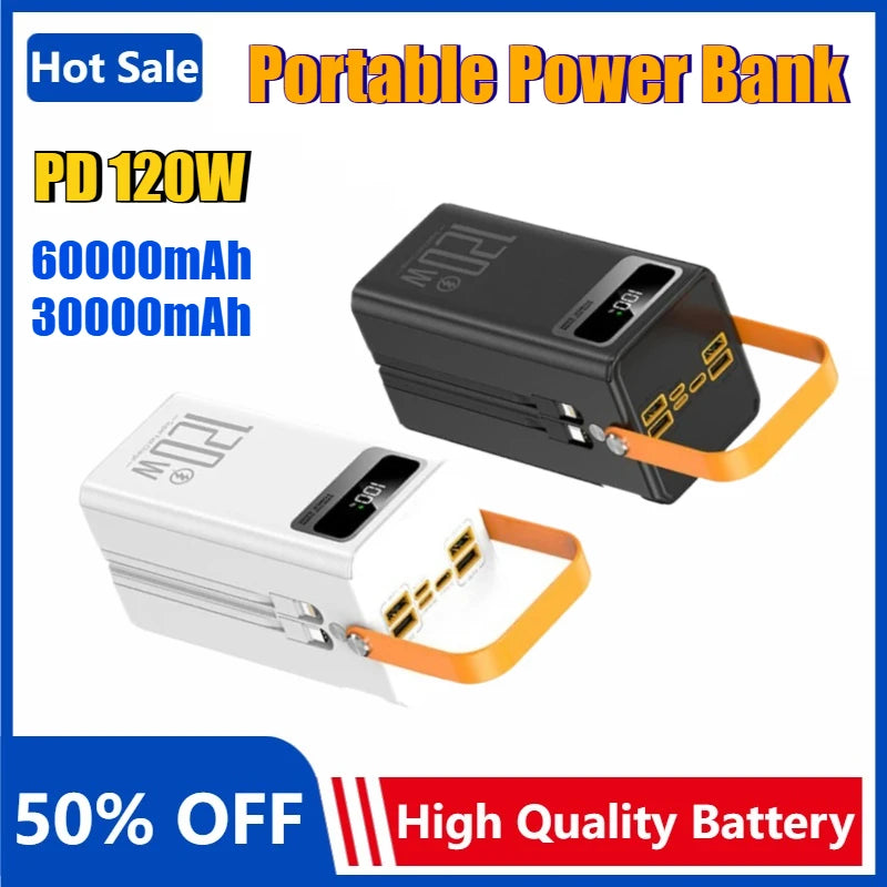 60000Mah 30000Mah Portable Power Bank LED Charger 120W Fast Charging Power Station Emergency Power Bank for Home Camping Phone