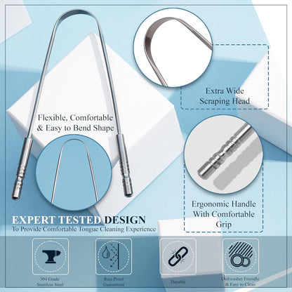 Mastermedi Tongue Scraper for Adults with Multicolor Travel Cases (2 Pack), 100% Stainless Steel, Reduce Bad Breath, Tongue Scrubber, Easy to Use, Tongue Cleaner for Oral Care &amp; Hygiene