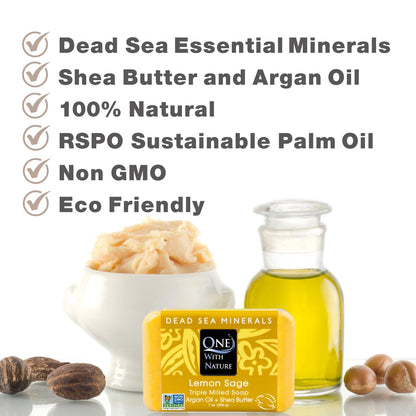 One with Nature Dead Sea Salt Lemon Sage Soap 4Oz 3-Pack – Purifying and Exfoliating Soap Bar with Dead Sea Minerals for Face &amp; Body, for Men &amp; Women