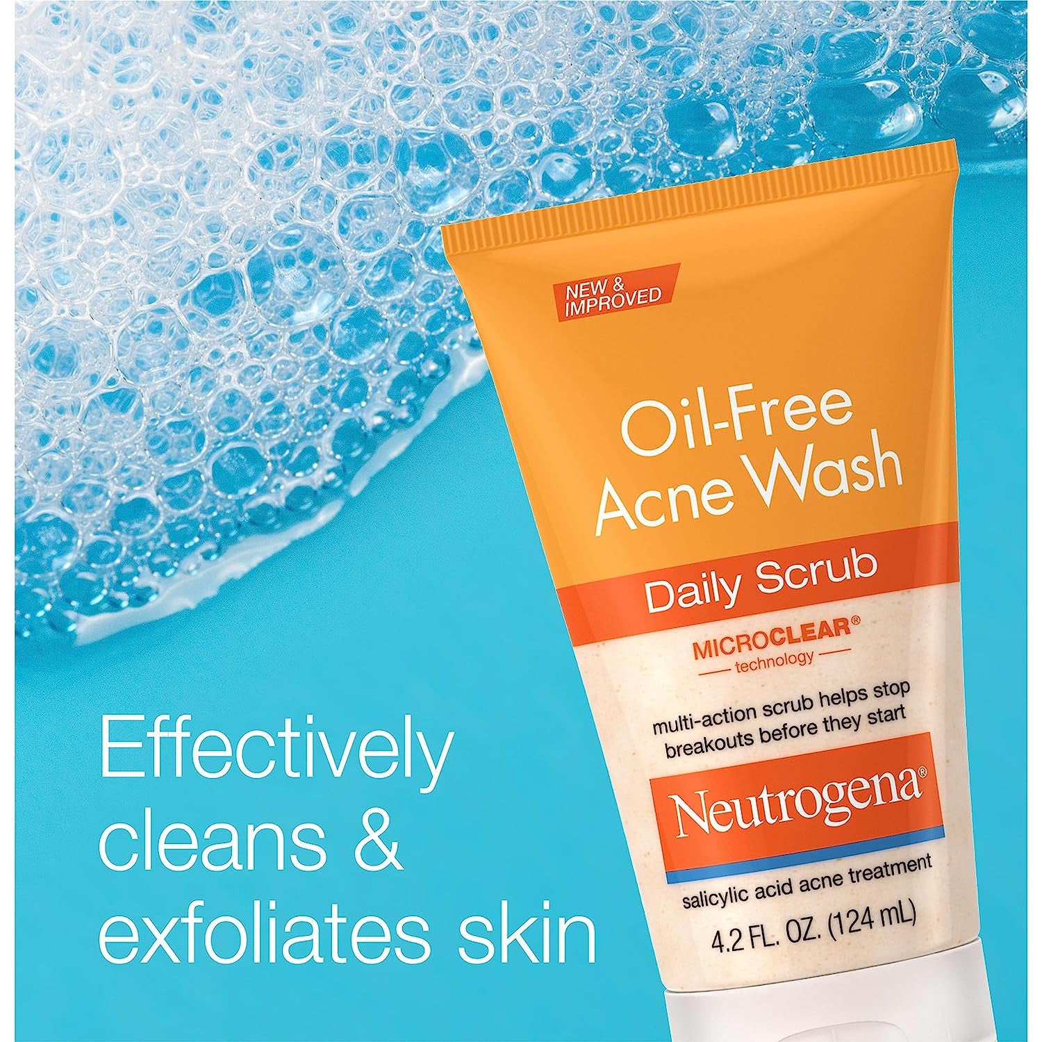 Neutrogena Oil-Free Acne Face Wash with 2% Salicylic Acid, Daily Exfoliating Scrub &amp; Acne Treatment for Oily, Acne-Prone Skin, Clears Breakouts &amp; Blackheads, 4.2 Fl. Oz
