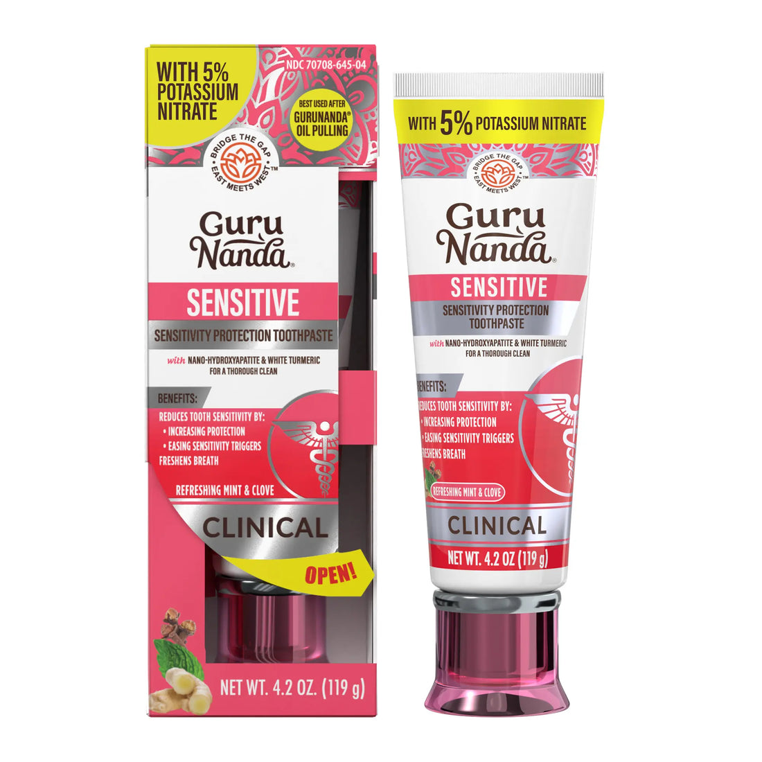 Gurunanda Sensitive Toothpaste – 5% Potassium Nitrate for Tooth Sensitivity Relief, Nano Hydroxyapatite & White Turmeric, Fluoride-Free, Natural Clove Mint, 4.2 Oz