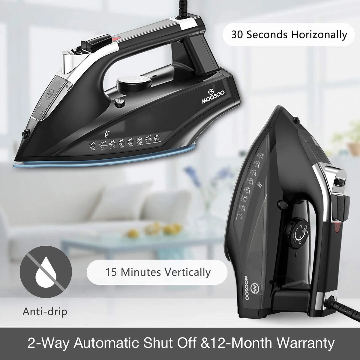 Steam Iron 1800W Dry Iron Lightweight Anti-Drip Iron with Auto-Off, ST1800