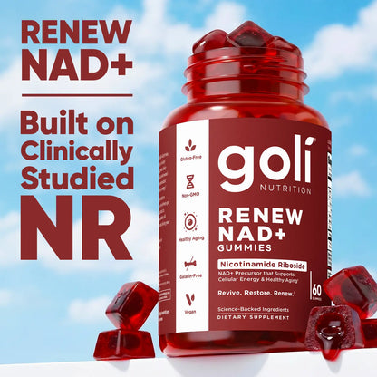 Goli Renew NAD+ (NR) Gummies. Clinically Studied NR Nicotinamide Riboside, Healthy Aging &amp; Cellular Energy. Gluten Free, Non-Gmo, Gelatin-Free, Vegan.