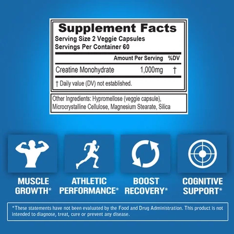 (2 Pack) Creatine Monohydrate Pills 120Ct - EVL Nutrition Muscle Builder &amp; Recovery Supplement - Creatine Capsules 1000Mg