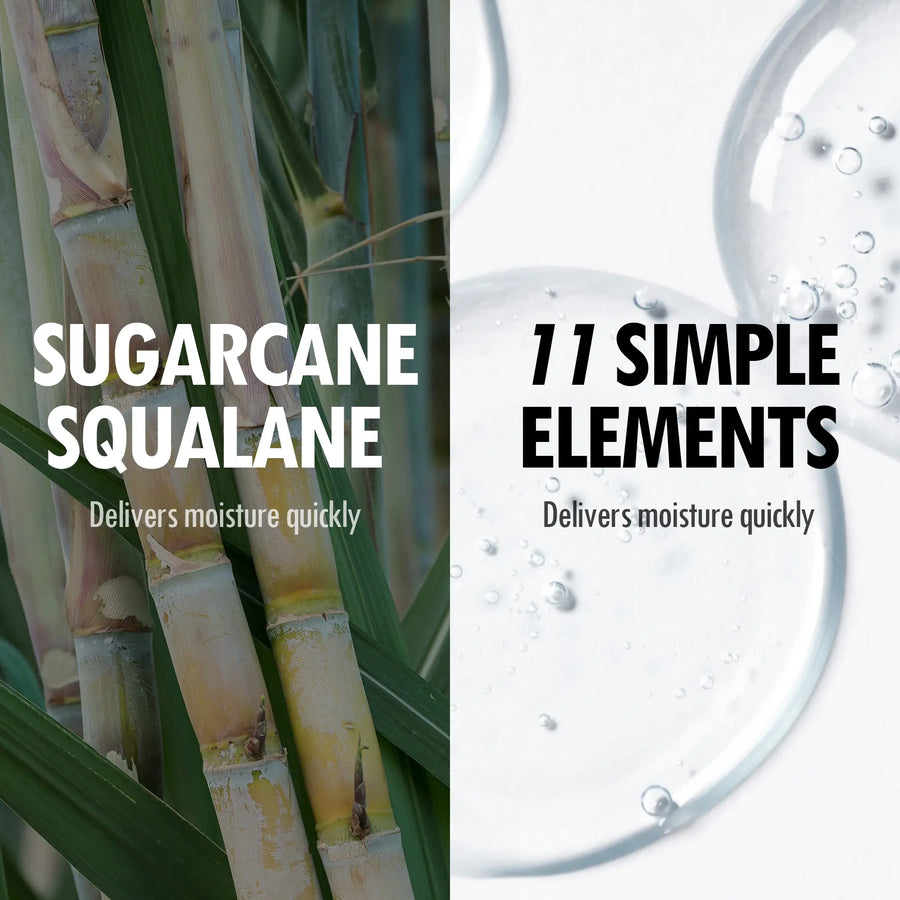 Sugarcane squalane and 77 simple elements, promoting hydration and moisture delivery.