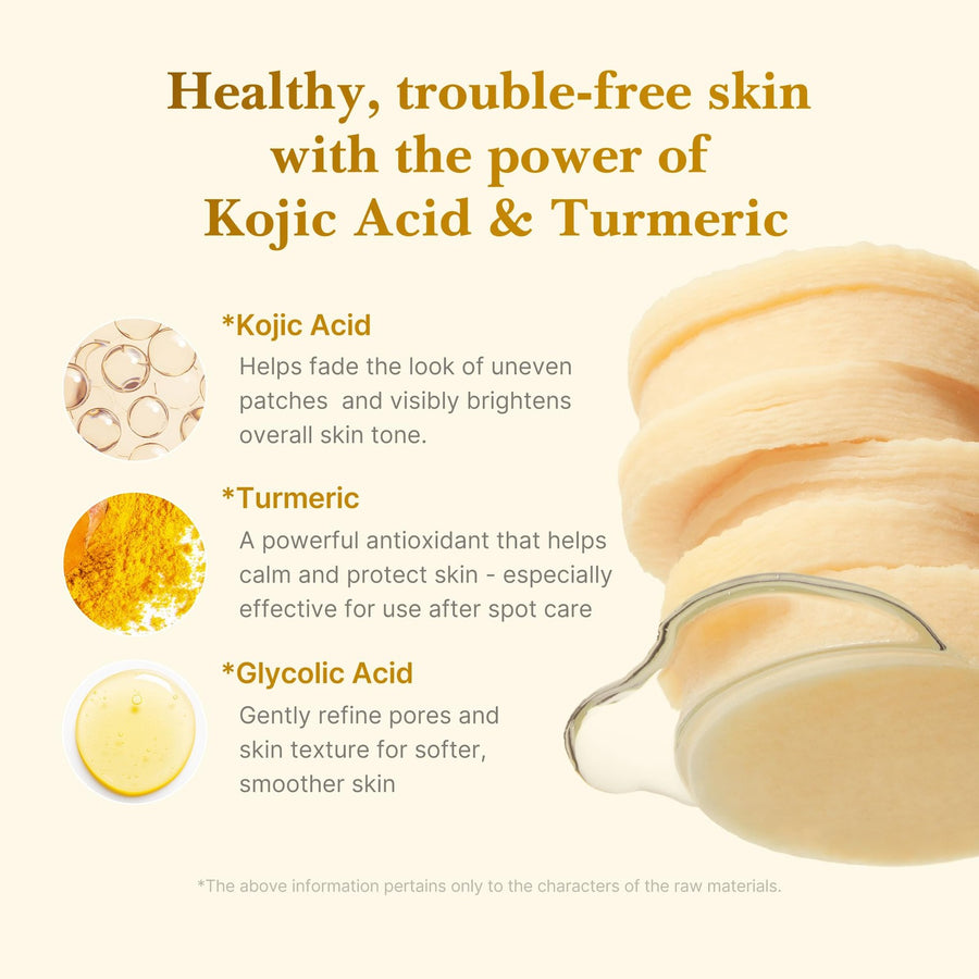 Healthy skin benefits with Kojic Acid Turmeric toner pads, showcasing brightening and smoothing effects for troubled skin.