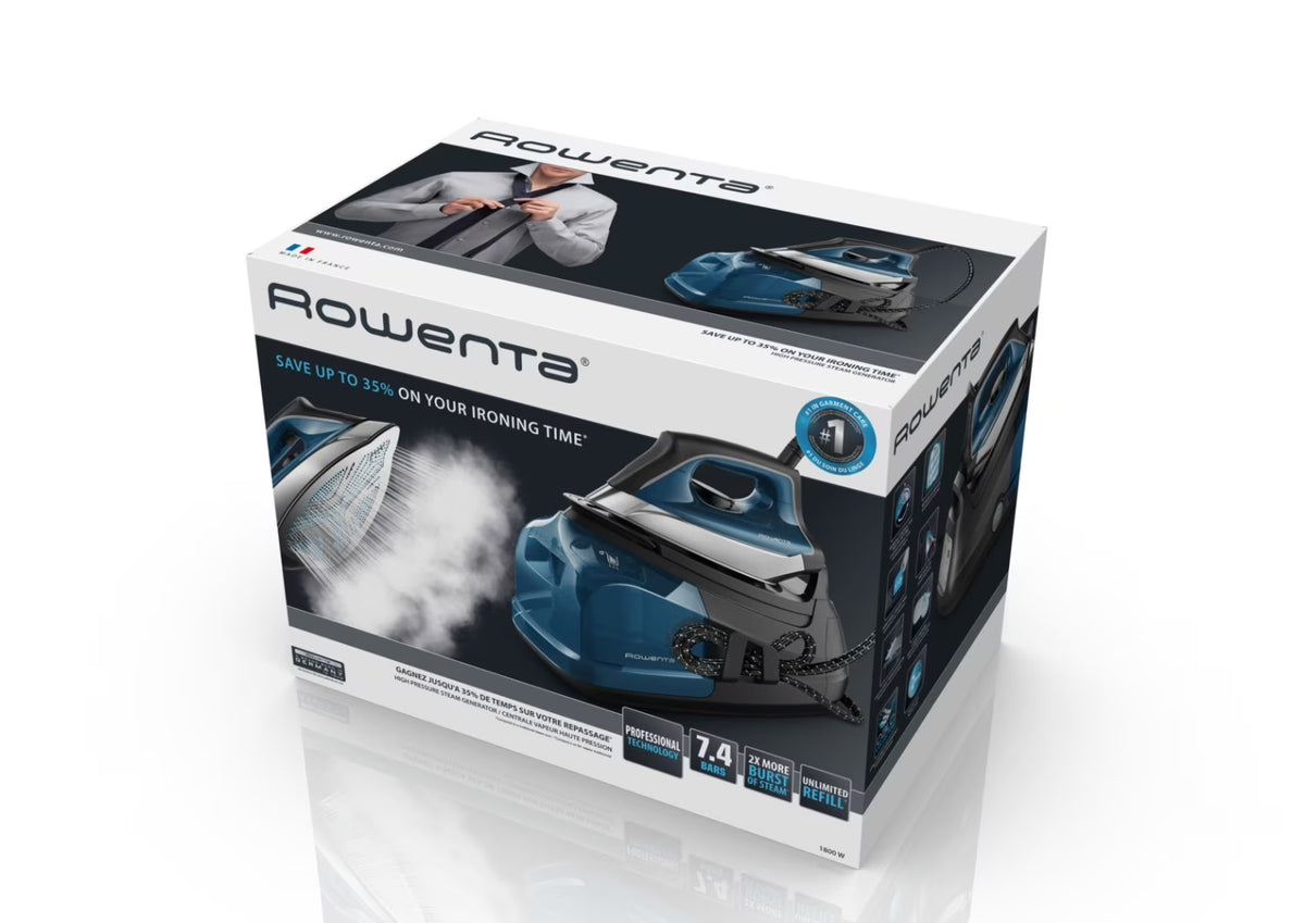 Rowenta Perfect Steam Pro packaging showcasing professional garment steamer with steam efficiency features.
