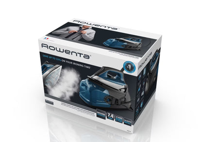 Rowenta Perfect Steam Pro packaging showcasing professional garment steamer with steam efficiency features.