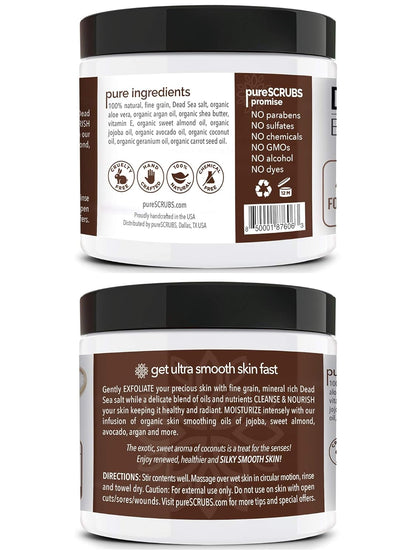 Purescrubs Premium Coconut Body Scrub Set - Large 16Oz Dead Sea Salt Body Scrub with Infused Essential Oils &amp; Nutrients, Includes Wooden Spoon, Loofah &amp; Oatmeal Exfoliating Bar Soap