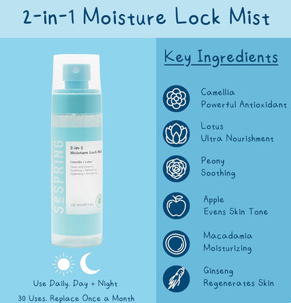 SESPRING 2-In-1 Moisture Lock Mist, Facial Toner &amp; Essence, Korean Skin Care, Formulated with Camellia and Lotus, Korean Toner, Clean Beauty, Vegan, Cruelty Free, and Paraben Free (4.05 Fl Oz)