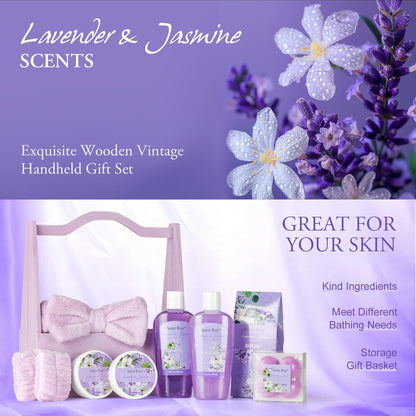 Bath and Body Gift Basket Set for Women - Jasmine Valentines Day Gifts for Women, Spa Gift Basket 13-Piece Bath Gift Set, Gift Set for Ladies Body &amp; Bath Gifts Set Lavender Gift Baskets for Mom