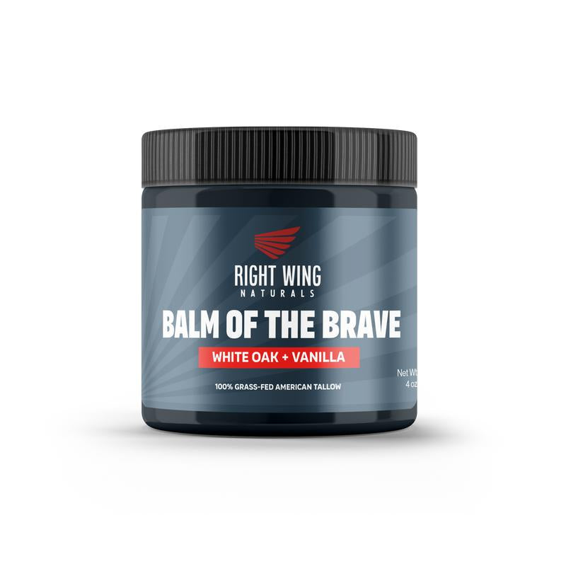 Right Wing Naturals Balm of the Brave – Grass-Fed Beef Tallow Men’S Balm (4 Oz) – Rugged Moisture for Hands, Face, Beard &amp; Scars – American-Made – Scents: White Oak &amp; Vanilla or Tobaco Woods – No Chemicals, No Compromise