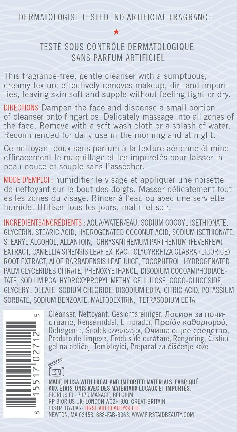 First Aid Beauty Pure Skin Face Cleanser, Sensitive Skin Cream Cleanser with Antioxidant Booster, 5 Oz.