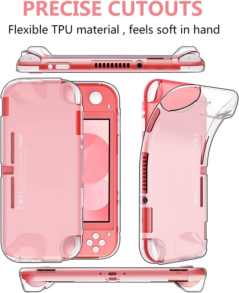 Geeric 8PCS Case Compatible with Switch Lite, Carrying Case Accessories Kit, 1 Soft Silicon Case + 2 Screen Protector + 4 Thumb Caps + 1 Storage Carrying Coral