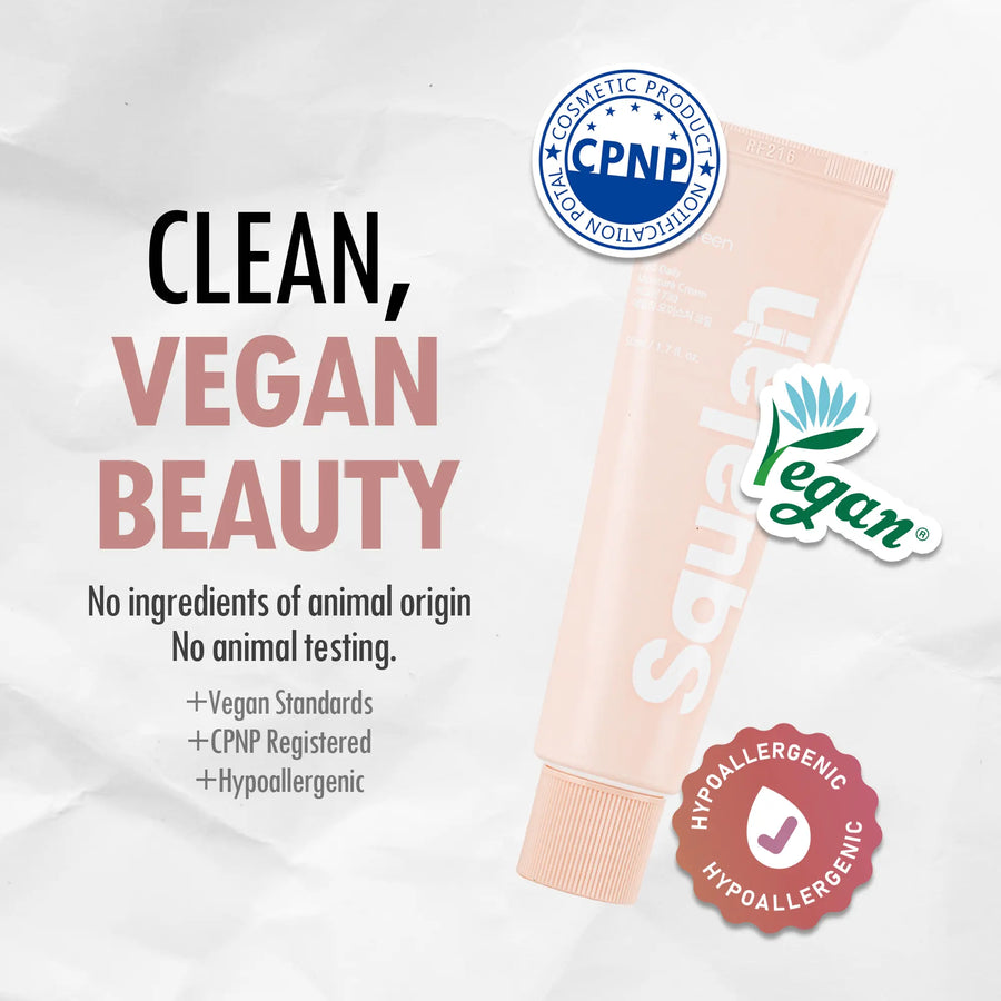 Korean squalane face moisturizer emphasizing clean vegan beauty and hypoallergenic standards.