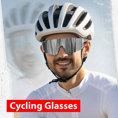 Cycling Sunglasses UV400 Outdoor Sports worn by a male cyclist in a white jersey and helmet, smiling.