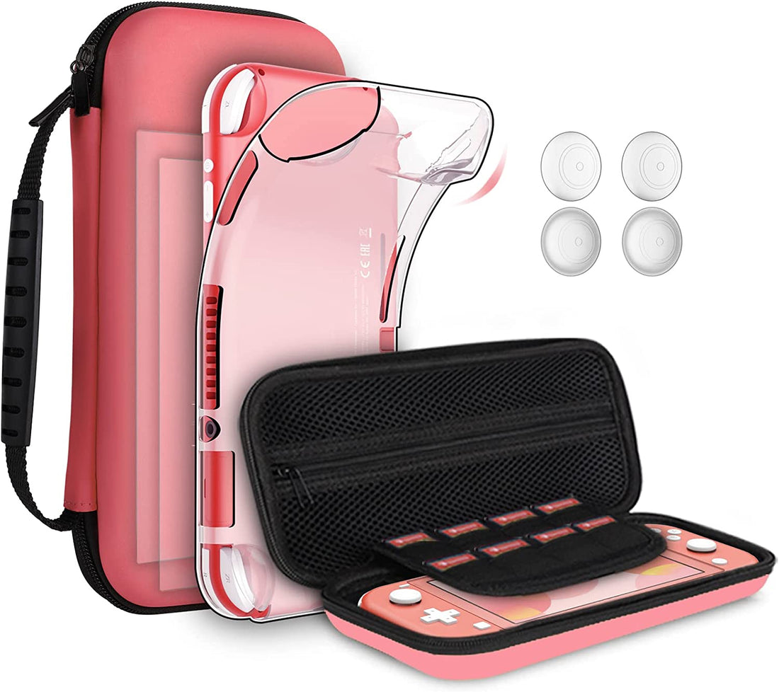 Geeric 8PCS Case Compatible with Switch Lite, Carrying Case Accessories Kit, 1 Soft Silicon Case + 2 Screen Protector + 4 Thumb Caps + 1 Storage Carrying Coral