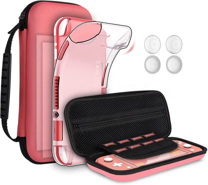 Geeric 8PCS Case Compatible with Switch Lite, Carrying Case Accessories Kit, 1 Soft Silicon Case + 2 Screen Protector + 4 Thumb Caps + 1 Storage Carrying Coral